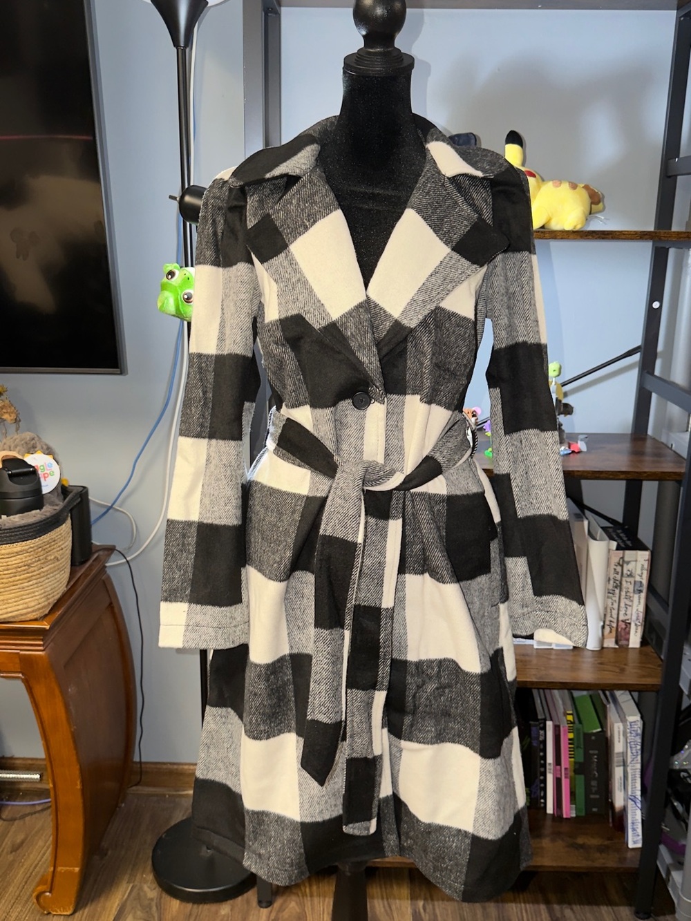 G by Giuliana Black and White Buffalo Check Wrap Coat Dress